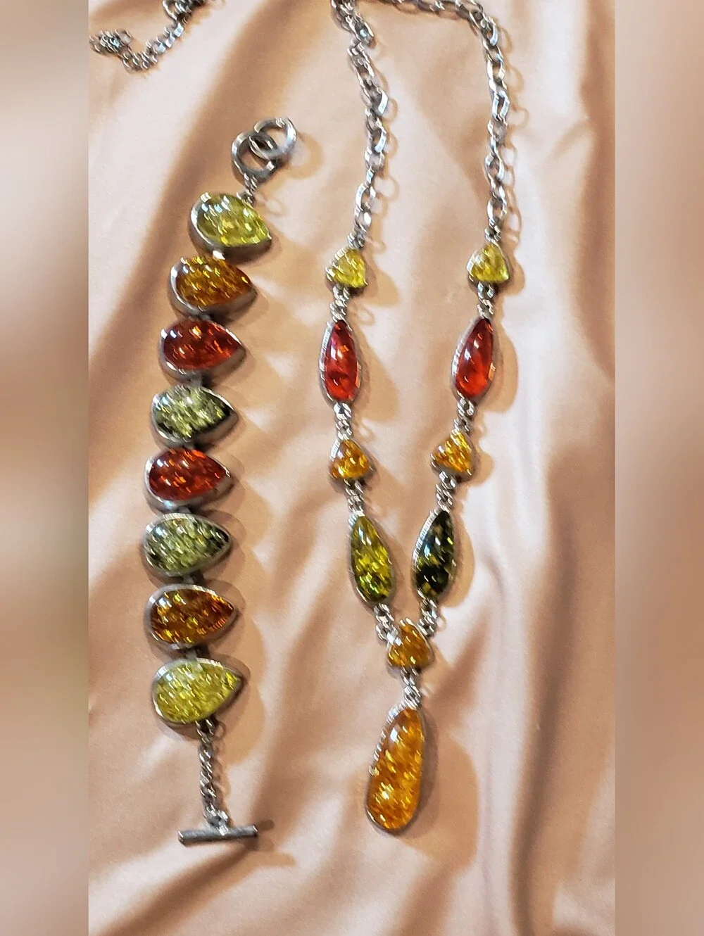 Multicolor Amber Teardrop Necklace and Bracelet Set